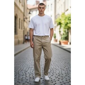 Mabitex Khaki Linen Blend Straight Leg Trousers Tan Casual Chino Pants 38" Italy